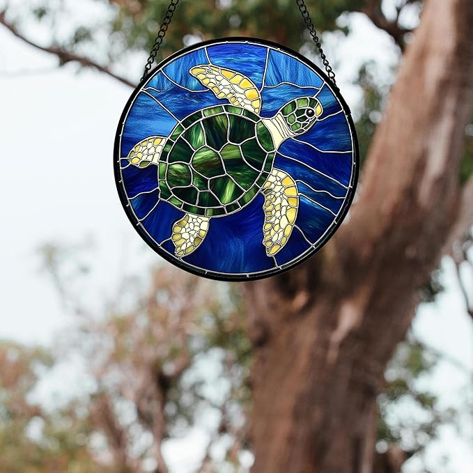 Stained Glass Window Hanging 4 Pcs Set Blue Ocean Turtle Dolphin Large 11.8" - Marine Life Suncatcher Garden Sun Catcher Decor Birthday Mother's Day for Mom Woman Nana Men
