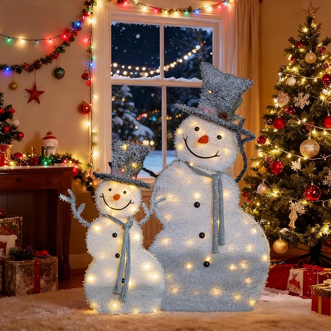VINGLI 5ft Set of 2 Lighted Snowman Christmas Decorations, 2D Tinsel Snowmen with Top Hats, 80 Warm White LED Lights, Indoor Outdoor Xmas Yard Lawn Porch Holiday Decor