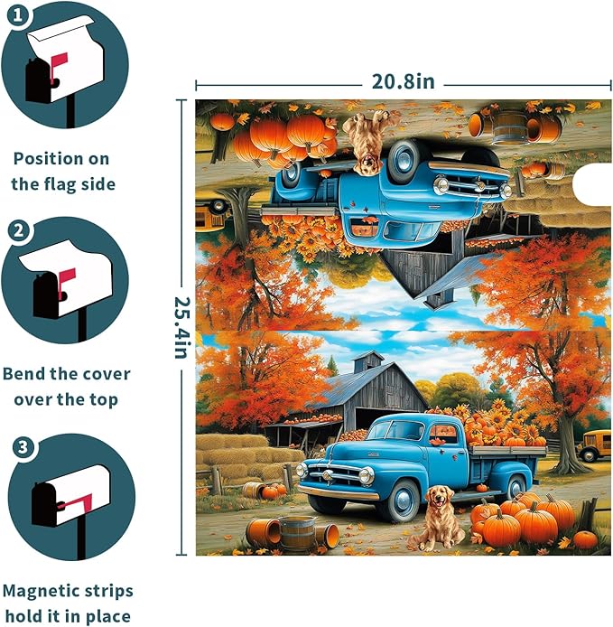 Fall Truck Mailbox Cover Magnetic 25.5"x21" Autumn Maple Tree Leaf Pumpkins Sunflower Farm Puppy Mailbox Wrap Post Cover Large Size Waterproof for Garden Yard Outdoor Outside Decor