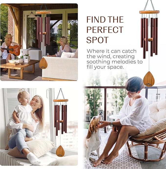 UpBlend Wind Chimes for Outside Gift – Deep Tone Wind Chime with Decorative Stone – Porch & Patio Decor, Elegant Outdoor Ornament, Garden Gifts. 28” Brown.
