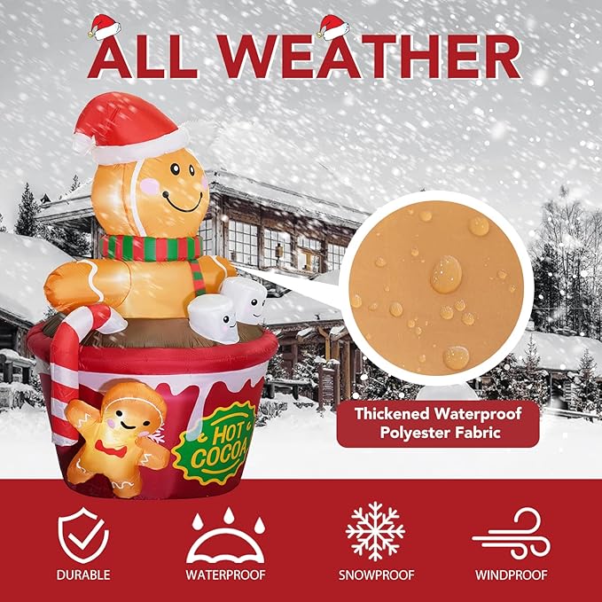 ZPISF 6 FT Christmas Inflatables Outdoor Decorations, Cute Christmas Blow Up Yard Decorations Gingerbread Man in Hot Cocoa Mug Scene for Garden Lawn Xmas Decor