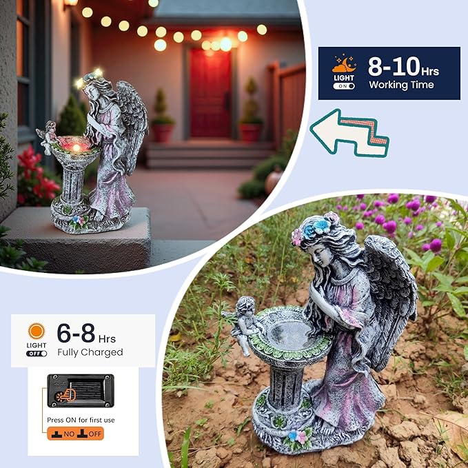 Solar Outdoor Figurine Lights Gnome Garden Decor Statue with LED Lantern, Glowing Fairy Yard Decorations for Outside Patio Yard Front Porch, Housewarming Home Decor Gifts Thanksgiving (Pink Angel)