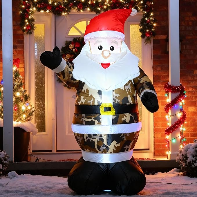 4FT Inflatable Camouflage Santa Claus Decor,with LED Lights Christmas Blow up Decorations Indoor Outdoor ,Xmas Inflatable Holiday Decor, Garden Yard Lawn Ornament Perfect for Festive Celebrations