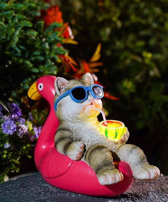 Nacome Cat Lying Flamingo for Garden Statue: Solar Outdoor Decor Figurine for Clearance Outside Lawn Ornaments Porch Patio Balcony – Gifts for Grandma Mom