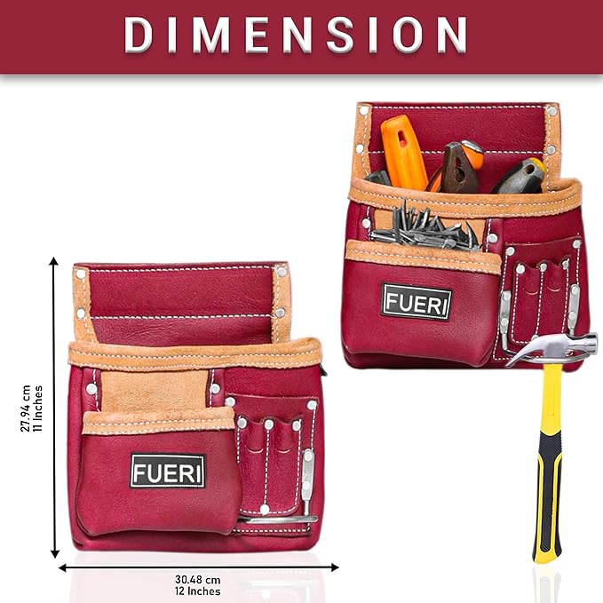 FUERI 11 Pocket Leather Tool Belt fot Men, Comess with Dual hammer holster Organizer for Carpenter, Construction, Electrician