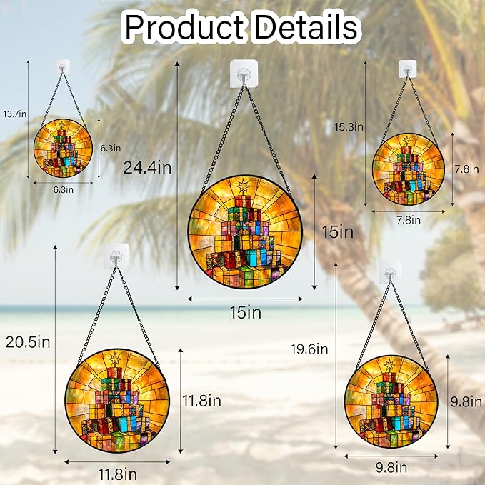Stained Glass Window Hanging - Colorful Gift Box Tower Suncatcher for Doors Home Christmas Decoration Winter Sun Catcher Thanksgiving New Year Birthday Gift for Friend Women Men Mom Nana 6.3 in