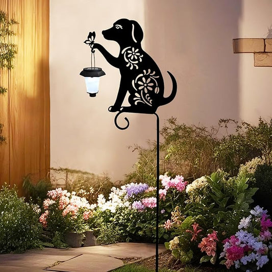 Dog Solar Lights Outdoor Garden Decoration, Dog Garden Statues, Outdoor Metal Decorative Garden Stakes with Solar Lantern for Lawn Yard Pathway Patio Gardening Gifts