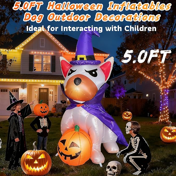 5.0Ft Halloween Inflatables Dog Decorations: Outdoor Vivid Lab Dog with Build-in Bright LED Blow Up Yard Decoration with Witch Hat Halloween Decor for Holiday Party Indoor Garden Lawn Home