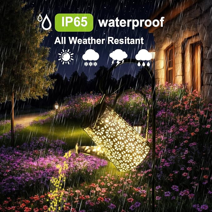 Solar Watering Can with Lights, Solar Lights Outdoor Garden Waterproof Metal Watering Can with Cascading Lights, Solar Lantern Decor for Garden Yard Patio, Gardening Present for Women Mom Birthday