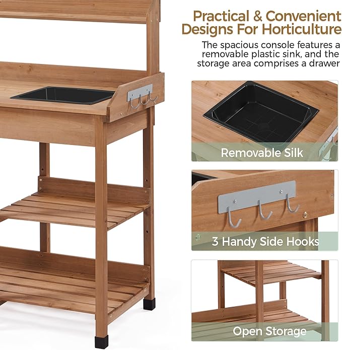 Topeakmart 45.2x17.7x47.6'' (LxWxH) Potting Benches Outdoor Garden Potting Table Work Bench with Removable Sink Drawer Rack Shelves Work Station, Brown