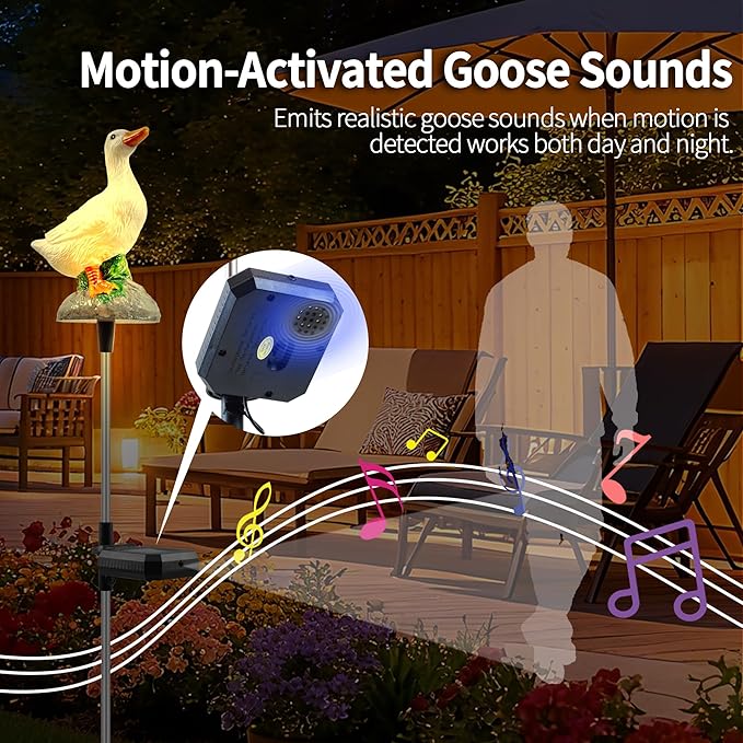 Solar Porch Goose Statue Garden Decor, 29 inch with Motion-Activated Sound Outdoor Decorative Garden Stake Lighting for Lawn Patio Yard Balcony - Unique Goose Gift for Garden Lovers