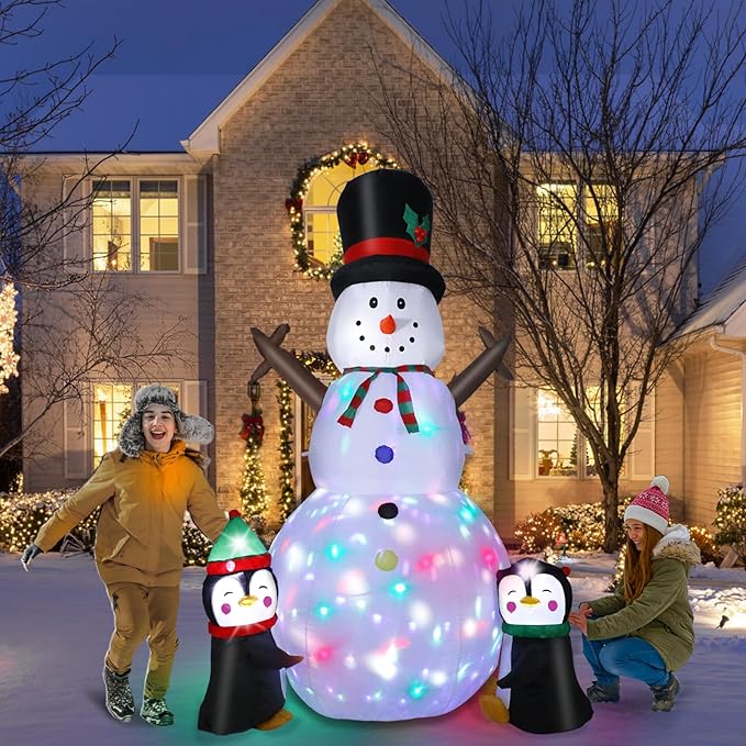 8FT Christmas Inflatable Snowman Outdoor Decorations, Christmas Blow up Snowman with Two Penguins Decoration, Built-in Colorful Rotating Lights for Holiday Xmas Party Lawn Yard Garden