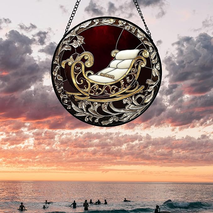 Stained Glass Window Hanging 4 Pcs Set Christmas Golden Bell Sleigh 7.8" - Suncatcher Door Garden Sun Catcher Decor Birthday Mother's Day Xmas Gifts for Mom Woman Nana Men Parents