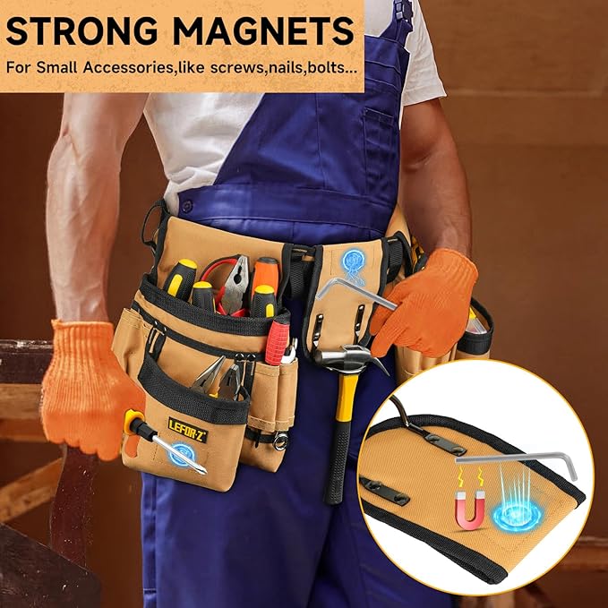 Tool Belt,Magnetic Tool Pouch,27-Pockets Heavy Duty Padded Tool Belts for Men,Detachable & Adjustable Tool Pouch Bag for Electrician,Carpenter,Construction,Work Apron,Utility Belt,Black,Brown