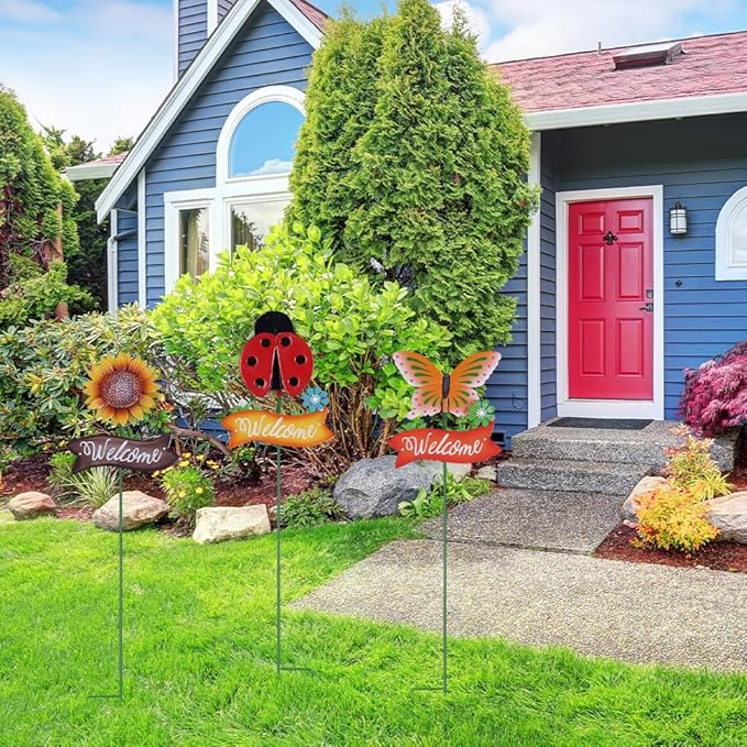 YEAHOME Garden Decor for Outside, Set of 3 Metal 33” Decorative Garden Stakes with Butterfly Ladybug Sunflower for Spring Decorations, Welcome Yard Sign Art Stakes for Outdoor Lawn Backyard Porch