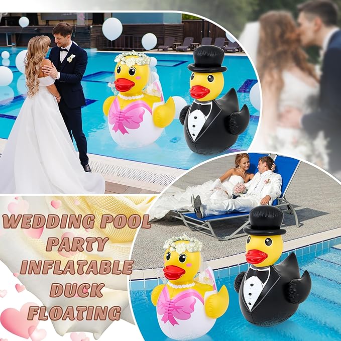 Hungdao 2 Pcs 4 ft Wedding Duck Floatie Inflatable Pool Floats Large Bride Groom Rubber Duck for Wedding Bridal Bachelorette Party Decoration Engagement Gifts (Not Include Wreath and Air Pump)