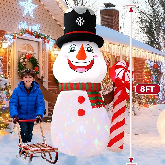 8FT Candy Cane Snowman Christmas Decoration with Built-in LED Lights and Colorful Rotating Lights, Christmas Outdoor Inflatable Decoration for Lawns, Yards, Gardens, and Patios