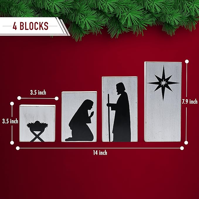Ornativity Wooden Block Nativity Scene - Black Xmas Silhouette Christmas Figures on White Painted Wood Blocks Indoor Nativity Table Top Shelf Sitter Mantle Centerpiece Set Decorations - 1 Set