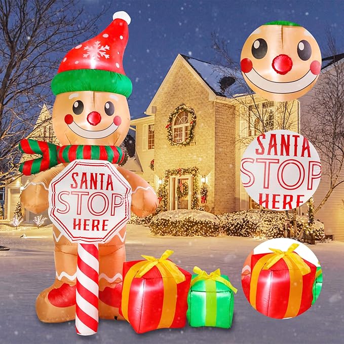 Vipush 7.2 FT Santa Stop Here Sign Christmas Inflatable The Gingerbread Man with LED Lights for Christmas Decorations Indoor Outdoor Yard Lawn Holiday Garden Decorations