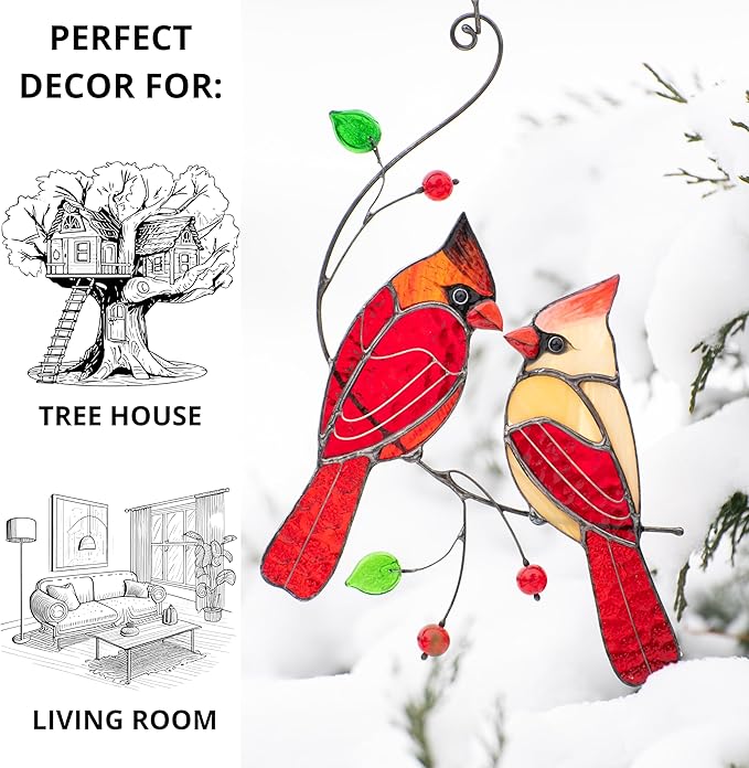 Red Northern Cardinal Birds Stained Glass Suncatcher Genuine Stained Glass Window Hangings Unique Indoor Ornament & Outdoor Decor (Style 1)