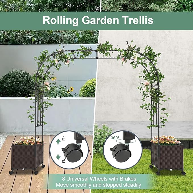 Giantex 6.6 FT Garden Arch with Trellis & 2 Planter Boxes, Tall Arbor for Climbing Vine, Flowers, Decorative Gate for Wedding Ceremony Party (Brown+Black)