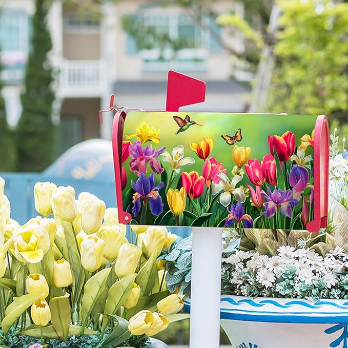 Easter Floral Mailbox Cover Magnetic, Tulip Lily Flowers Mailbox Wrap, 21"x18" Spring Summer Standard Size Waterproof Letter Post Cover for Yard Garden Outdoor Outside Decoration