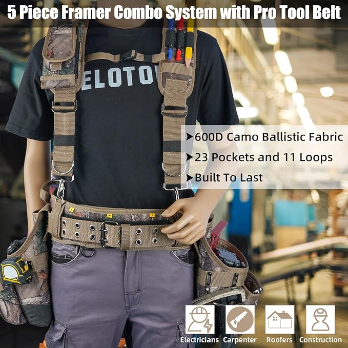 MELOTOUGH Camo Tool Belt with Suspenders Camouflage Tool Bag Supenders Framers Comb Apron Tool Belt Construction Tool Pouch Suspenders Heavy Duty Carpenter Suspension Rig for Electrician