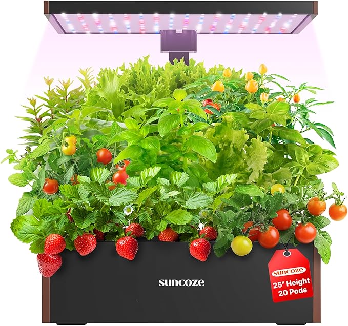 SUNCOZE Hydroponics Growing System Kit 20 Pods, Indoor Herb Garden with Grow Light 30W, 10L Large Water Tank with Adjustable Height to 25", Built-in Pump, Gardening Gifts, Black and Brown