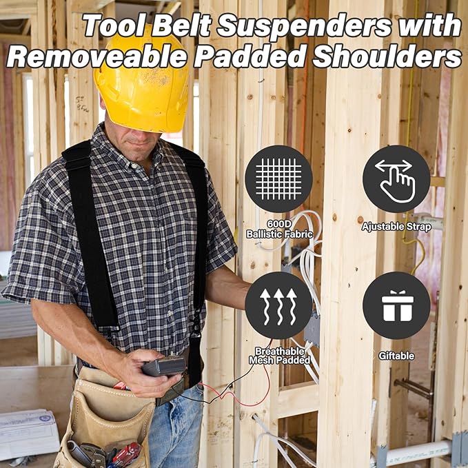 MELOTOUGH Tool Belt Suspenders Padded Work Belt Suspender with Attachment Loops for Men Carpenter Construction Electrician