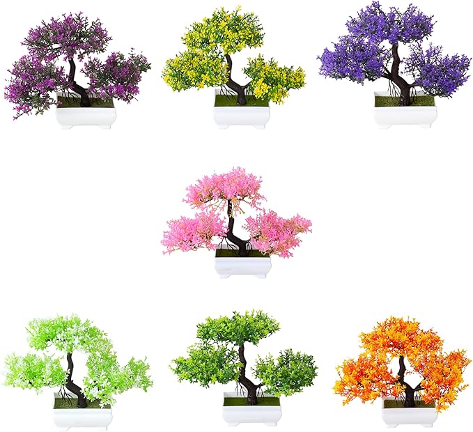 Mini Artificial Bonsai Tree Plants Artificial Plant Welcome Pine Tree with Plastic Cement Pots for Home Office Décor (Purple)