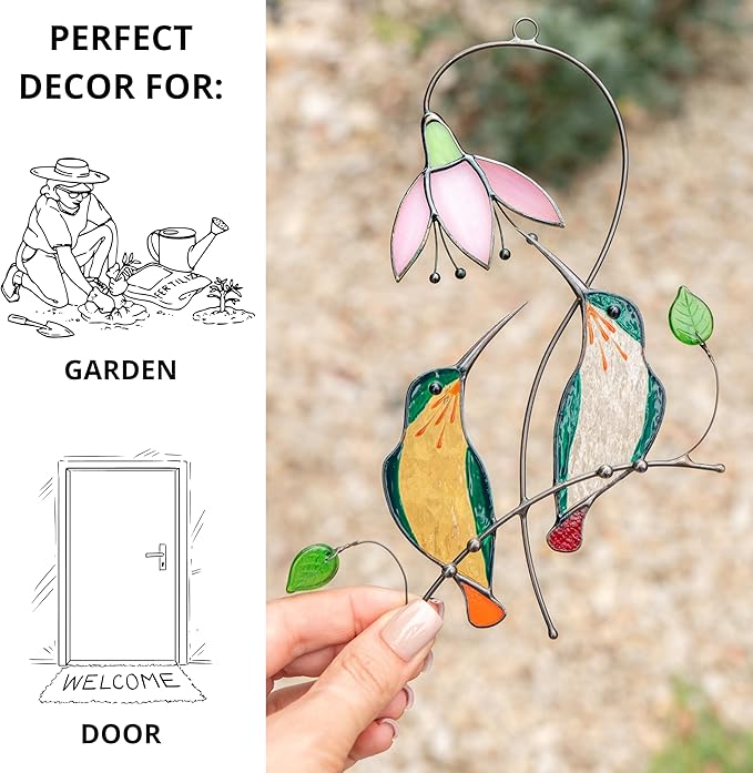 Hummingbird Cardinal Birds Stained Glass Suncatcher Genuine Stained Glass Window Hangings Unique Indoor Ornament & Outdoor Decor (Two Hummingbirds)