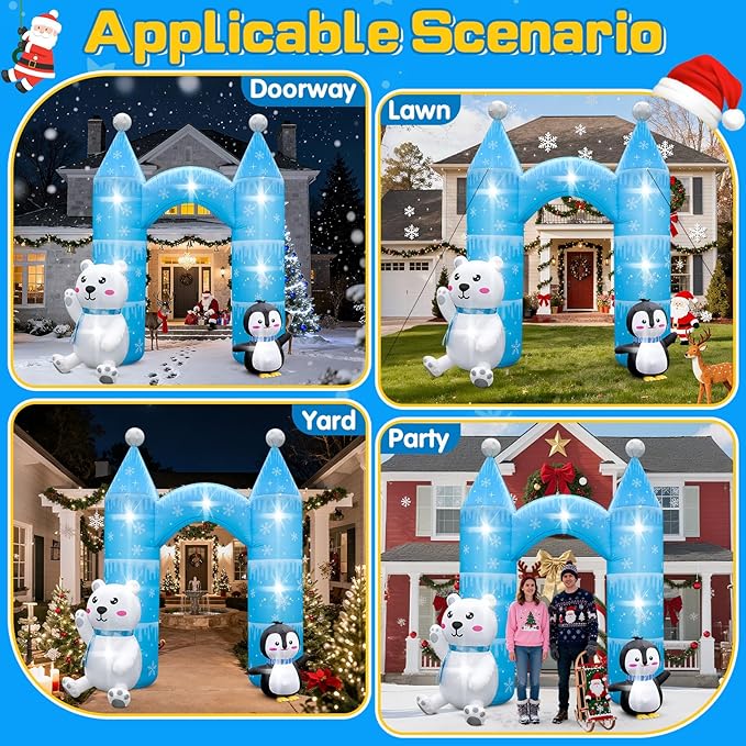 10FT Christmas Penguin Polar Bear Inflatable Arch Outdoor Decoration Snowflake Castle Blow Up Yard Decorations with 7 Lights Giant Inflation for Xmas Archway Indoor Lawn Garden Holiday Winter Party