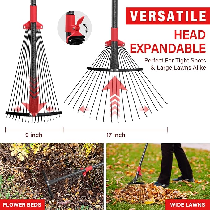 Lightweight Leaf Rake for Lawn, 8-17" Expandable Head with Metal Tines for Leaves, Shrubs & Small Areas, 75-Inch Adjustable Long Handle with Comfort Grip Senior Friendly