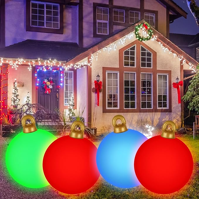 [Light up] Inflatable Ornaments Balls Outdoor 2Pcs: Flashes in Red | Green | Blue and Timer, 24 Inch Giant Christmas Inflatable Ornaments, Reusable PVC - Blow Up Ornament Balls for Yard, Porch, Party