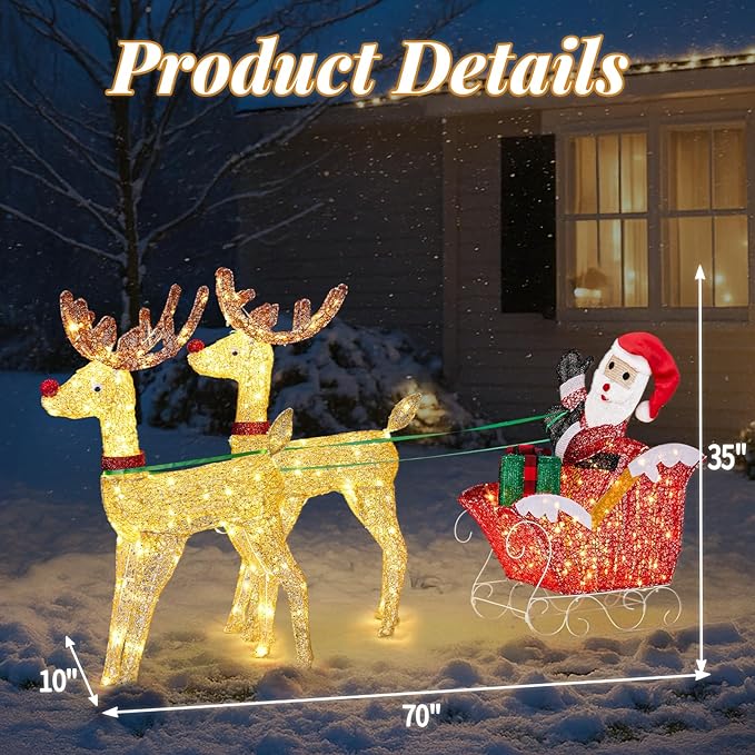 VINGLI 6FT Lighted Christmas Reindeer and Sleigh Outdoor Decorations, 2 Reindeer Pulling Santa’s Sleigh, Warm White LED Glitter Mesh Deer for Xmas Yard Lawn Garden Porch Holiday Decor