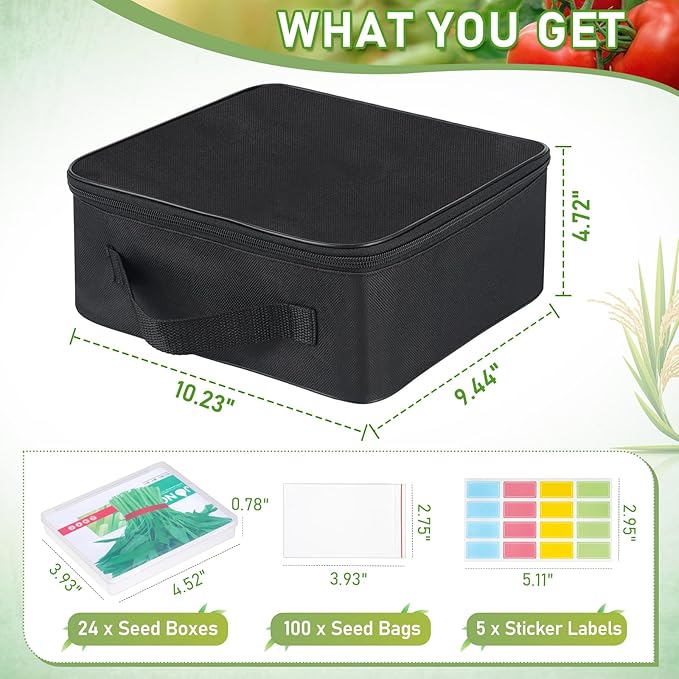 FACULX 24 Slots Seed Storage Organizer Box with Dual Zipper Bag, 100 Pcs Seed Sealed Bag and 80 Pcs Label Stickers,Seed Storage Container for Garden Vegetable Flower Plants Seeds Saving