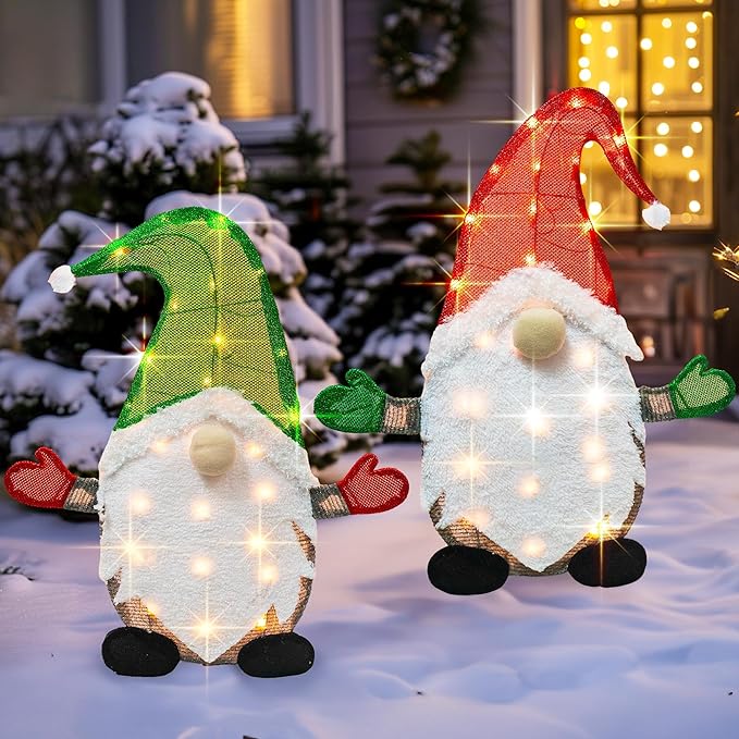 TW SHINE Set of 2 Lighted Christmas Gnomes Decorations, 50L 2 FT Stack-able Gnome Christmas Decor for Indoor Outdoor Festive Xmas Holiday Garden Yard Lawn