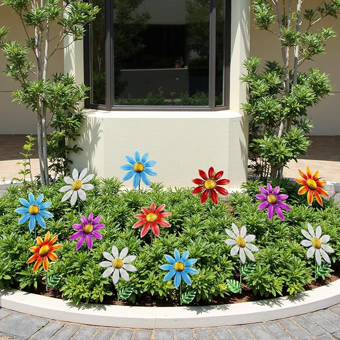 10 Pack 15.7" Outdoor Flowers, Metal Yard Art, Metal Flowers for Outside, Garden Stakes Decorative, Plants Garden Decor (Mix A)