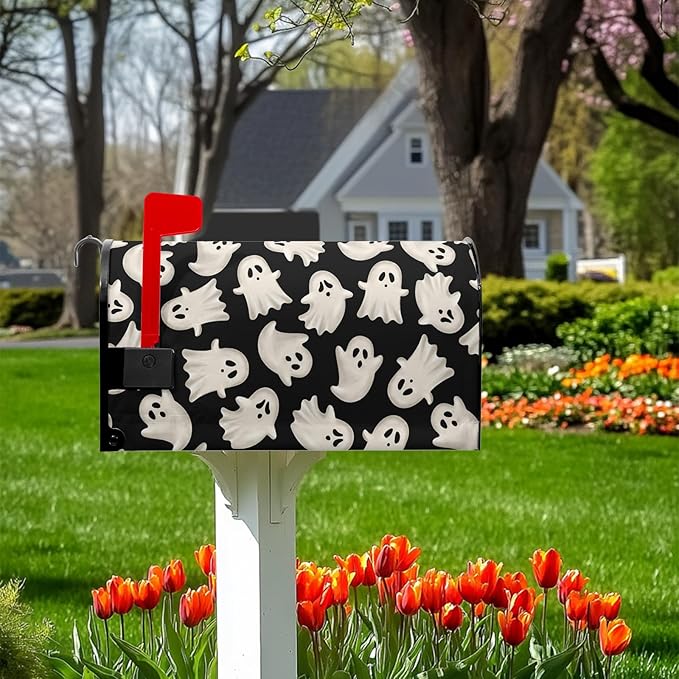 Ghost Mail Box Covers Magnetic Standard Size 21x18 inch Halloween Spooky Mailbox Cover Black Post Letter Box Cover Wraps for Outdoor Garden Decor