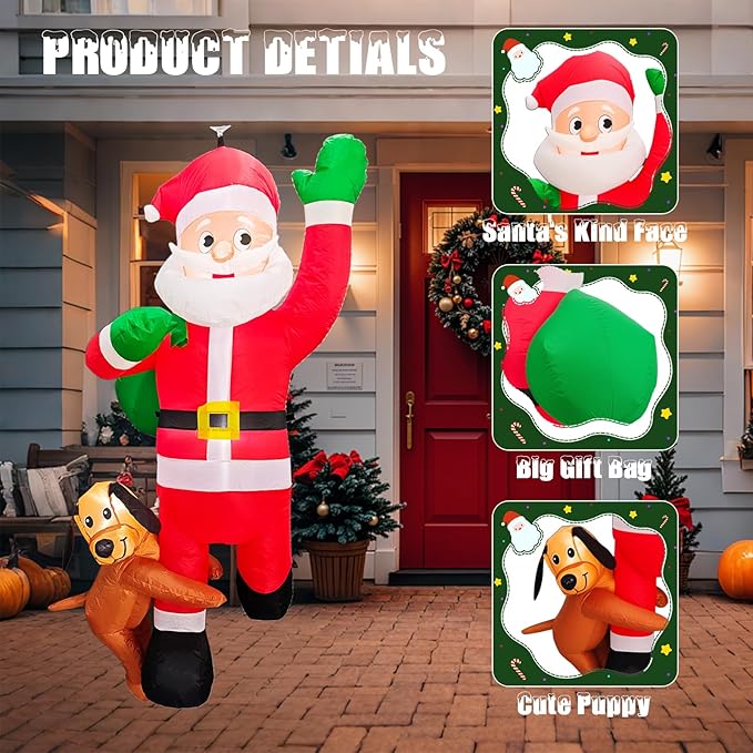 6 FT Christmas Inflatables Santa Claus Decoration with Gifts Bag,Hanging Blow Up Santa Decor with Built-in LED Lights,Outdoor Xmas Yard Decoration Holiday Party Supplies with Dog for Tree Roof Garden