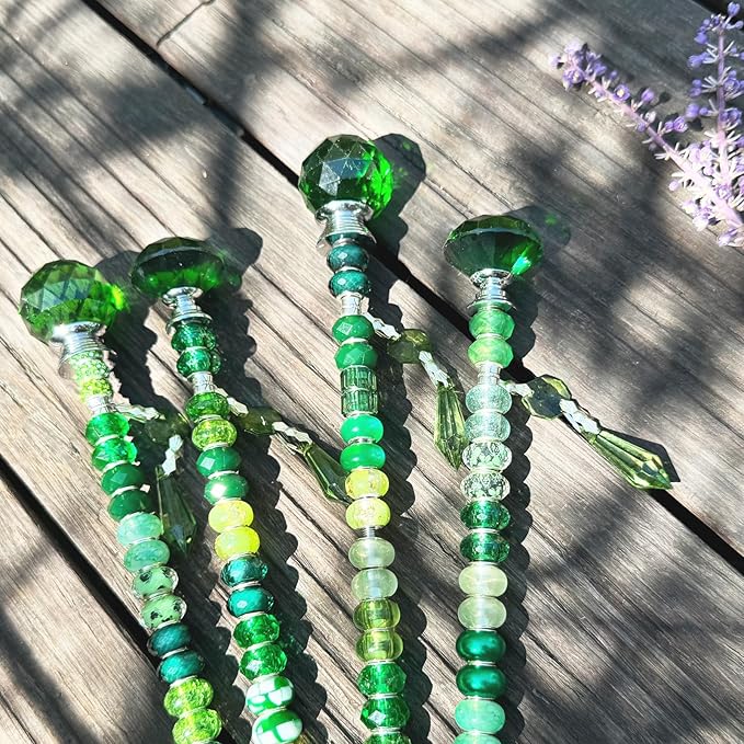 Exway 100 PCS DIY Fairy Wand Beaded Garden Stake Beads Kits with Green Large Hole Beads 4 Crystal Stopper Top Threaded Rods and 4 Green Sparkling Crystal Pendants for Outdoor Indoor Decor