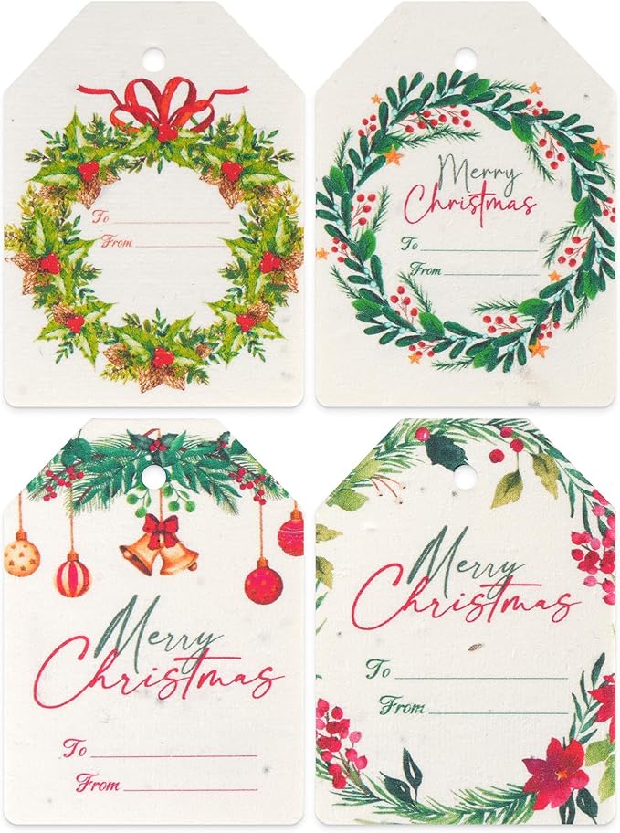 Christmas Plantable Gift Tags with Wildflower Seeds – Writable, Plantable Merry Christmas Tags, 4 Festive & Ornament Designs, Perfect for Holiday Gifts, Family & Friends (48 Tags (12 per Design)