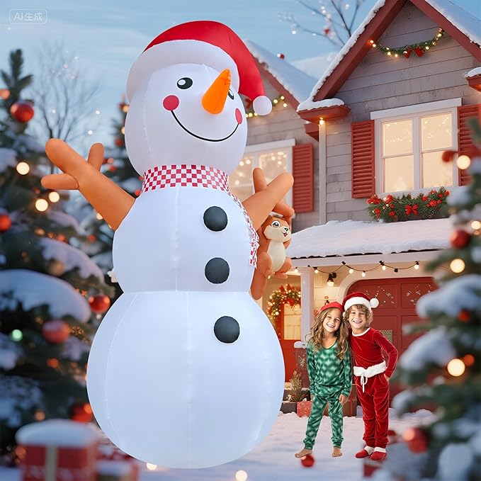 12ft Giant Snowman Inflatable Decor with Cute Squirrel Christmas Inflatable Yard Decor Build-in LED Outdoor Blow up Holiday Decorations for Yard/Lawn/Garden