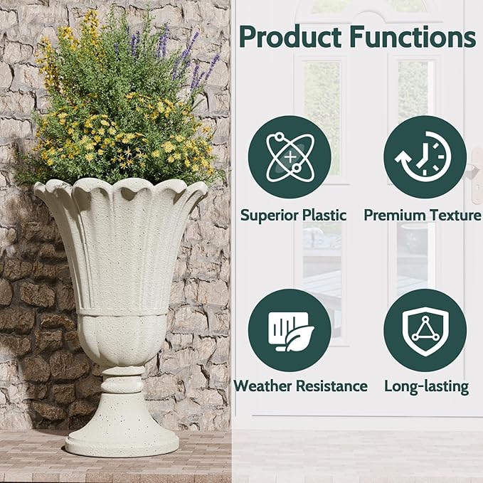 23.6" Tall Plastic Urn Planters for Outdoor Plants, Set of 2 Heavy-Duty Classic Indoor Large Flower Pots with Drainage Holes & Petal Design, Outdoor Planters for Porch, Home Garden, White
