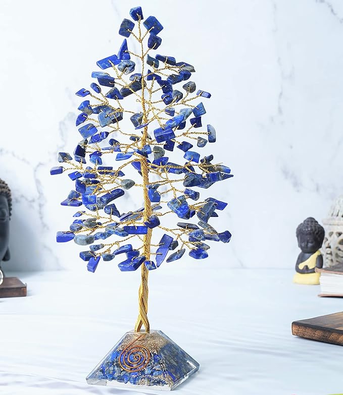 Lapis Lazuli Crystal Tree with Orgone Pyramid Base Blue Desk Decor Healing Crystals Bonsai Tree Blue Gifts for Women Office & Shelf Home Room Decor For Mom Sister Girlfriend Present Housewarming