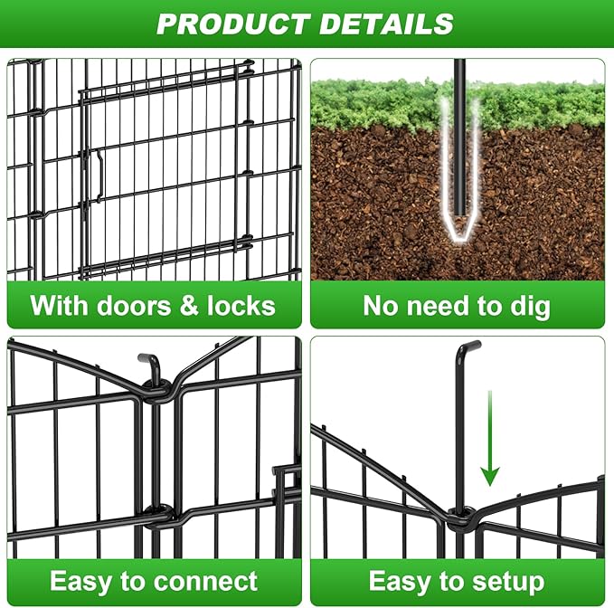 10 Panels Tall Decorative Garden Fence with Gate, 23.6ft(L) x31.5in(H) Animal Barrier Fence for Dogs, Tall Metal Fencing Panels for Yard, Rustproof Steel Border for Garden, Patio, Lawn
