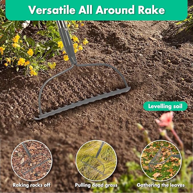 Rake, 72 Inch Garden Bow Rake with 14 Tines, Heavy Duty Stainless Steel Raking Tool for Gardening Landscaping Loosening Soil Leveling Mulching Gravel Gathering Leaf Lawn Care