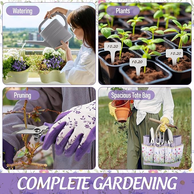 21 Piece Gardening Tools Set Heavy-Duty Gardening Gifts for Women Wife Grandma Garden Hand Tools with Purple Floral Tote Bag Water Can Garden Supplies Kit for Christmas White Elephant