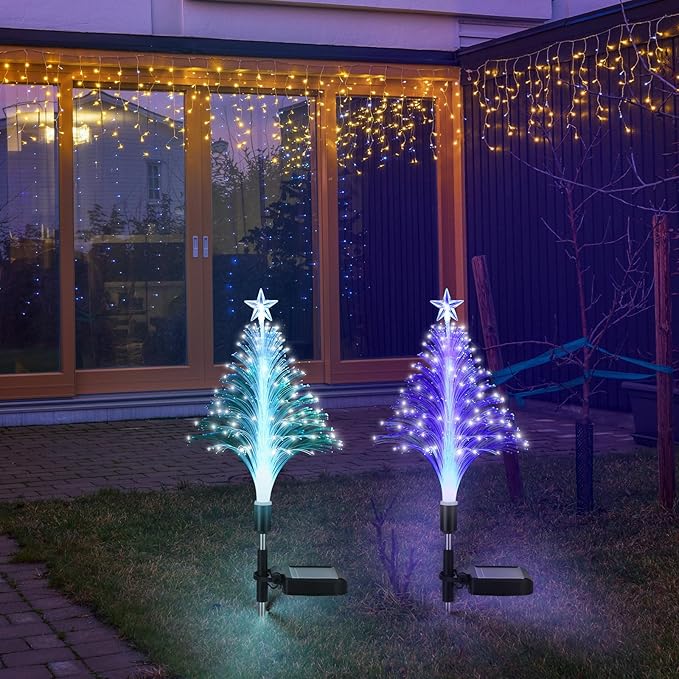 Baquler 2 Pcs Solar Christmas Tree Garden Stake Lights Outdoor Christmas Tree Yard Decorations Multicolor LED Solar Stakes for Pathway Lawn Patio Xmas Ornament(Colorful)