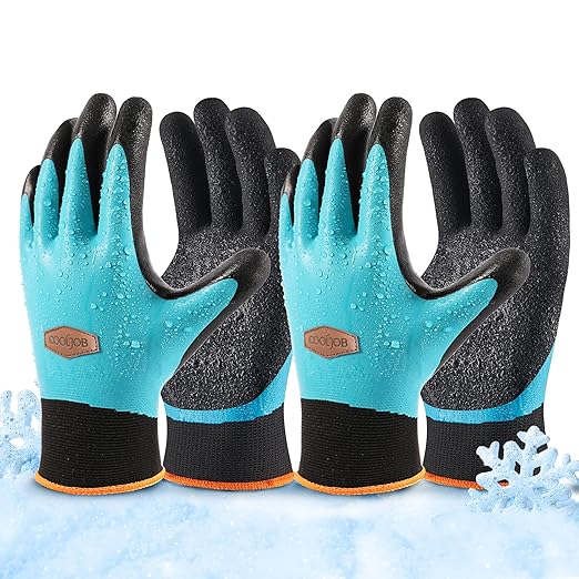 COOLJOB Waterproof Winter Freezer Gloves for Working Gardening Fishing Construction Worker, Double Coated Rubber for Warehouse Cold Refrigeration House, 2 Pairs X-Large Blue